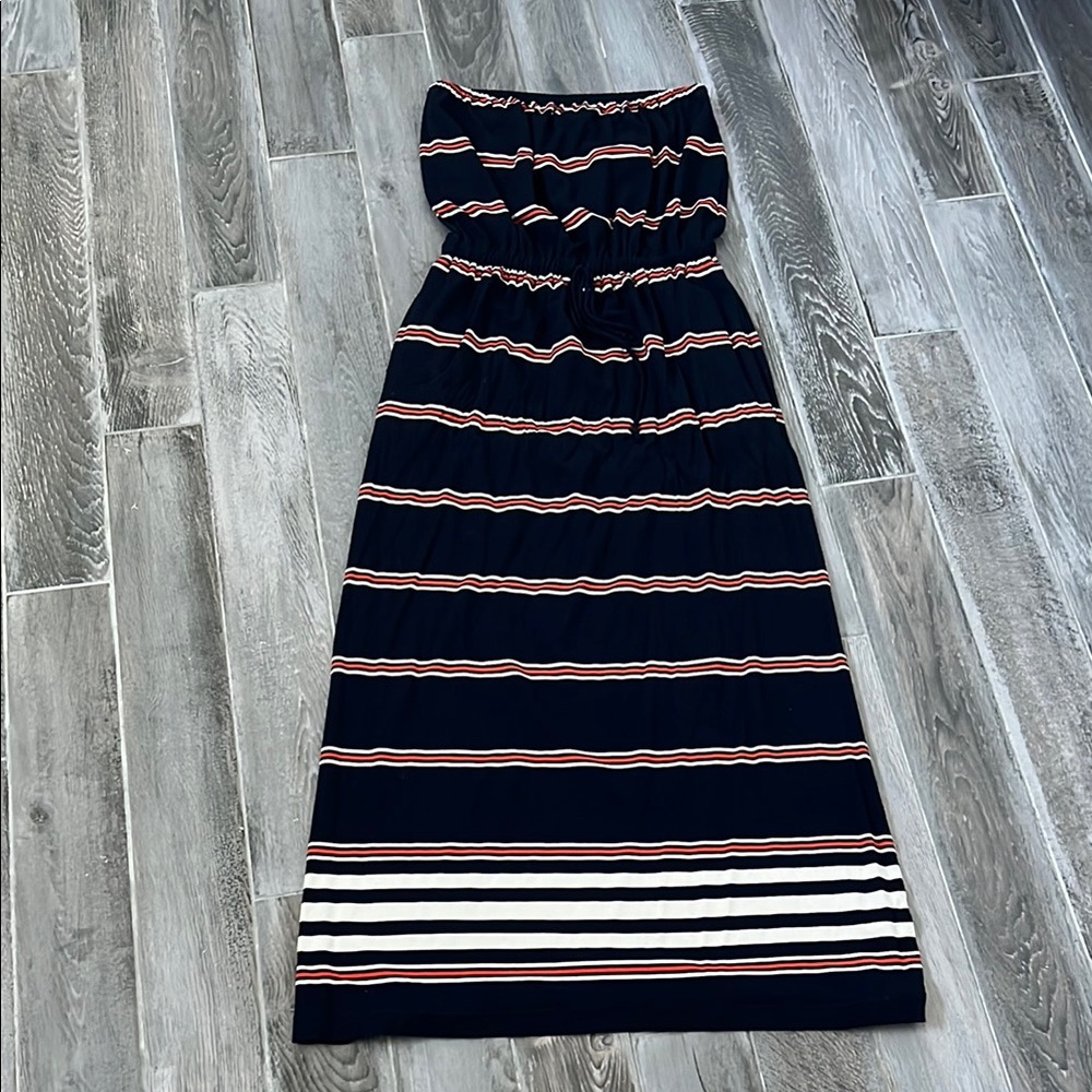New! J. Crew Navy Strapless Maxi Dress with Red and White Stripes